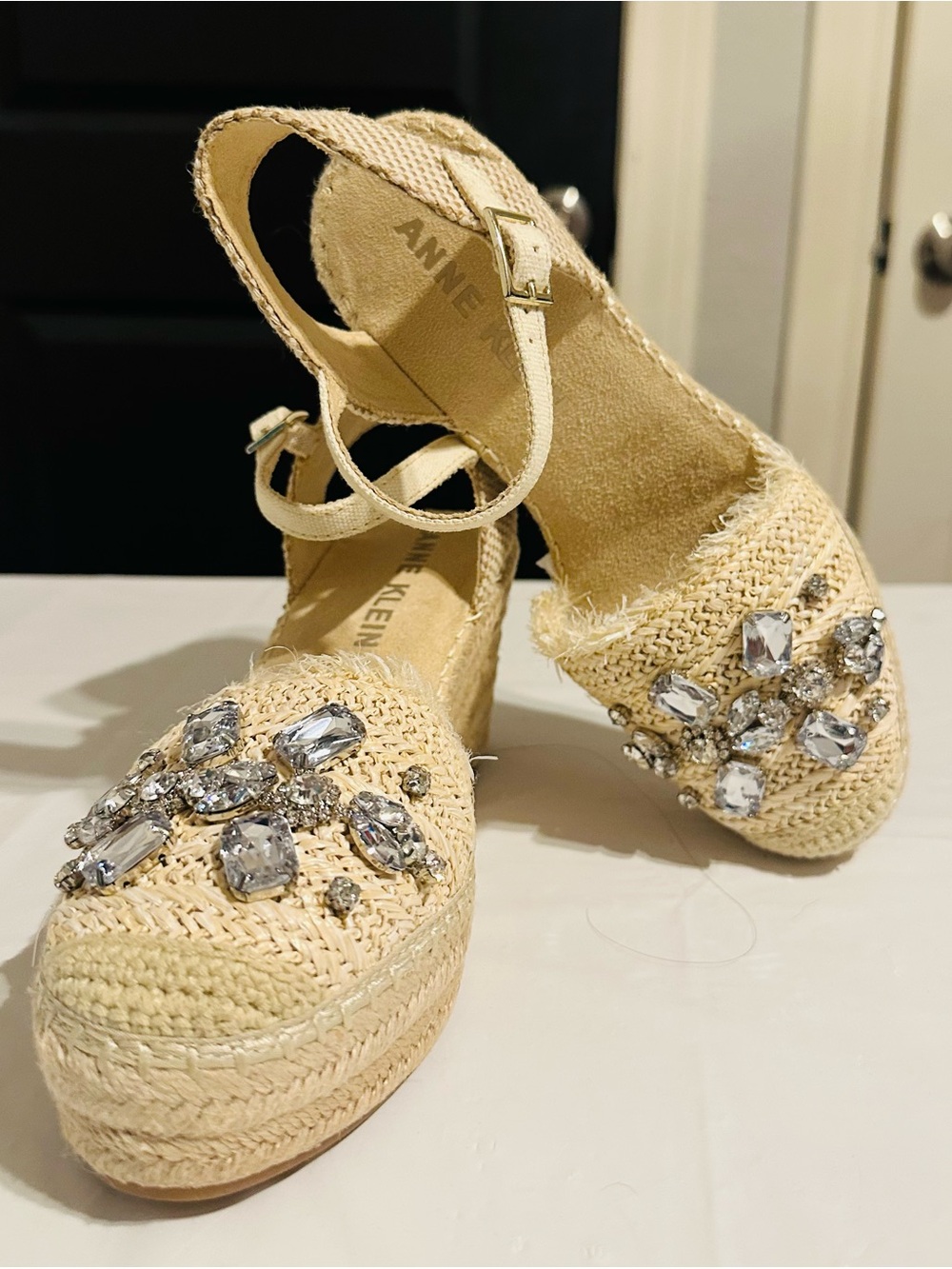 Anne Klein Beige Crystal Espadrille Wedge Sandals